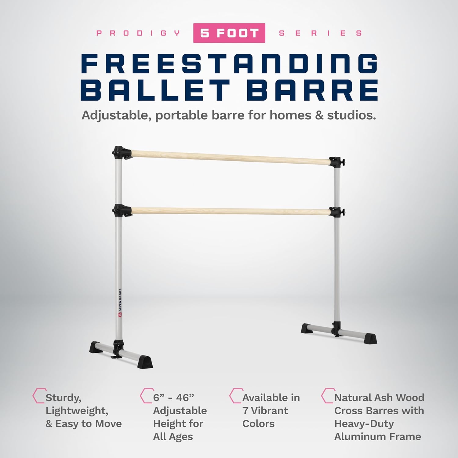 VITA Barre Portable Freestanding Double Ballet Barre, Prodigy, Wood | Adjustable Height, USA Made, Home or Gym Exercise Equipment for Kids & Adults | Dance, Fitness, Pilates