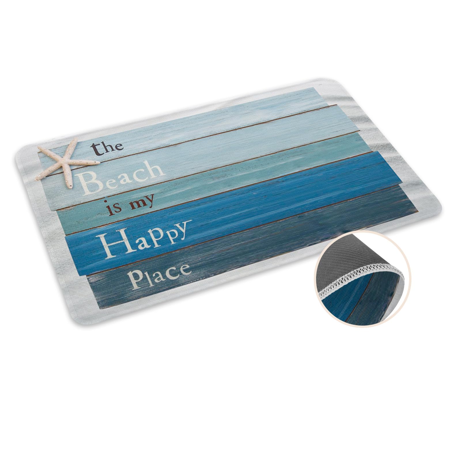 Vandarllin Beach Themed Doormats Kitchen Rugs-The Beach is My Happy Place - Plank Board Sign with Starfish Non-Slip Indoor/Outdoor/Front Door/Bathroom Mats 23.6 x 15.7 Inch