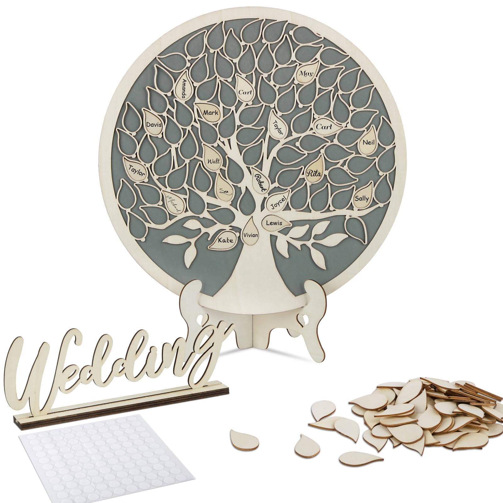 RuiDay Livre D'Or De Mariage En Bois Forme Arbre - 80 Feuilles - Cadre 33x33 Cm - Souvenir De Réception Élégant