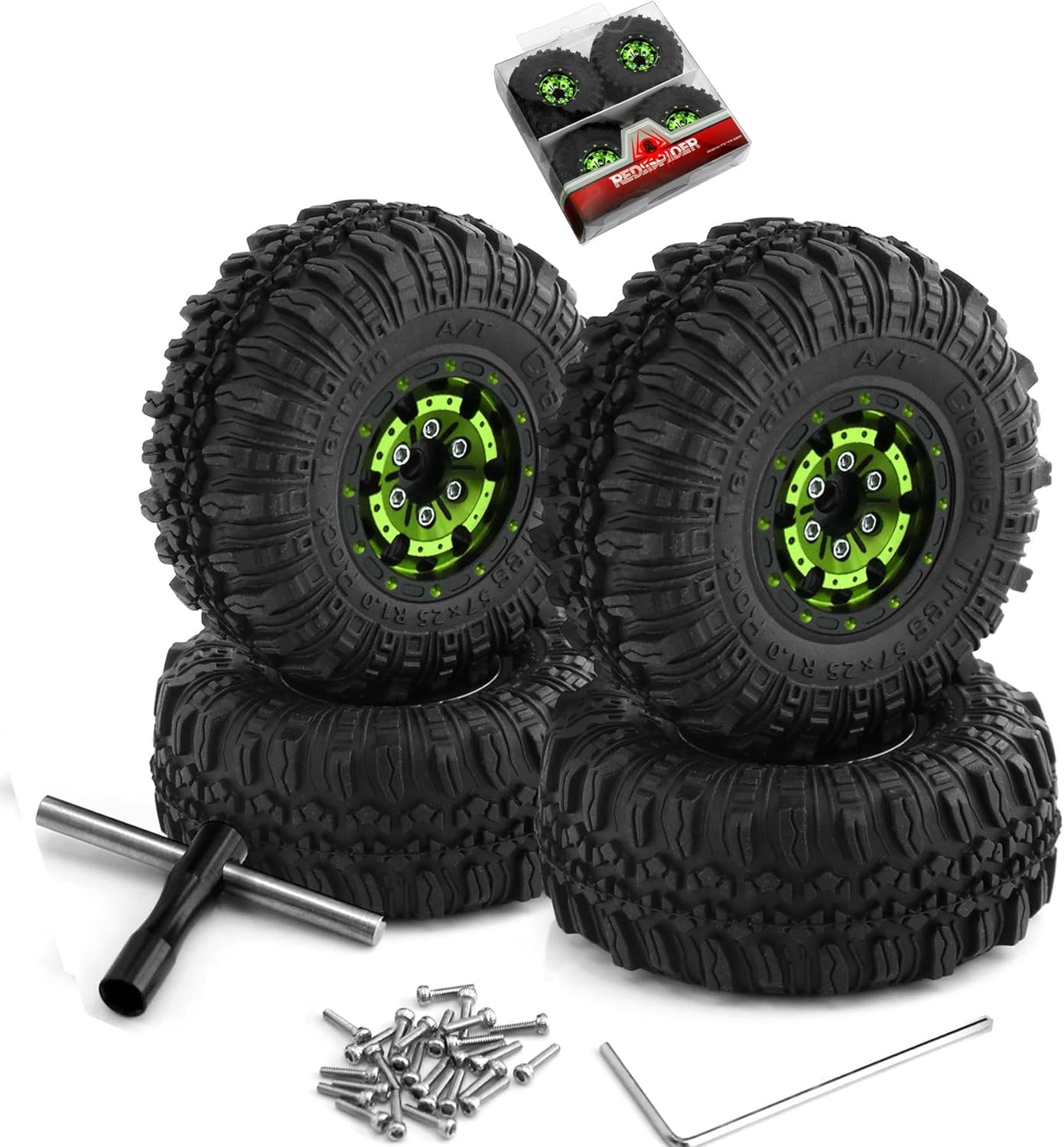 REDSPIDER （4pcs） 1.0 beadlock Wheels and Tires，1.0 Tires Set Has Super Soft Stickiness，Wheel hub Colors Available. 1.0 Crawler Tires for TRX4M Axial AX24 SCX24 FCX24 1/18 1/24 RC Crawler Car (Green)