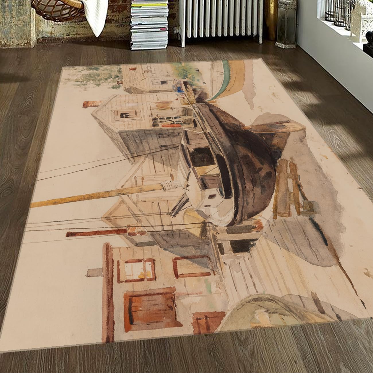 Tapis aquarelle côtière de salon lavable idéal pour une descente de lit