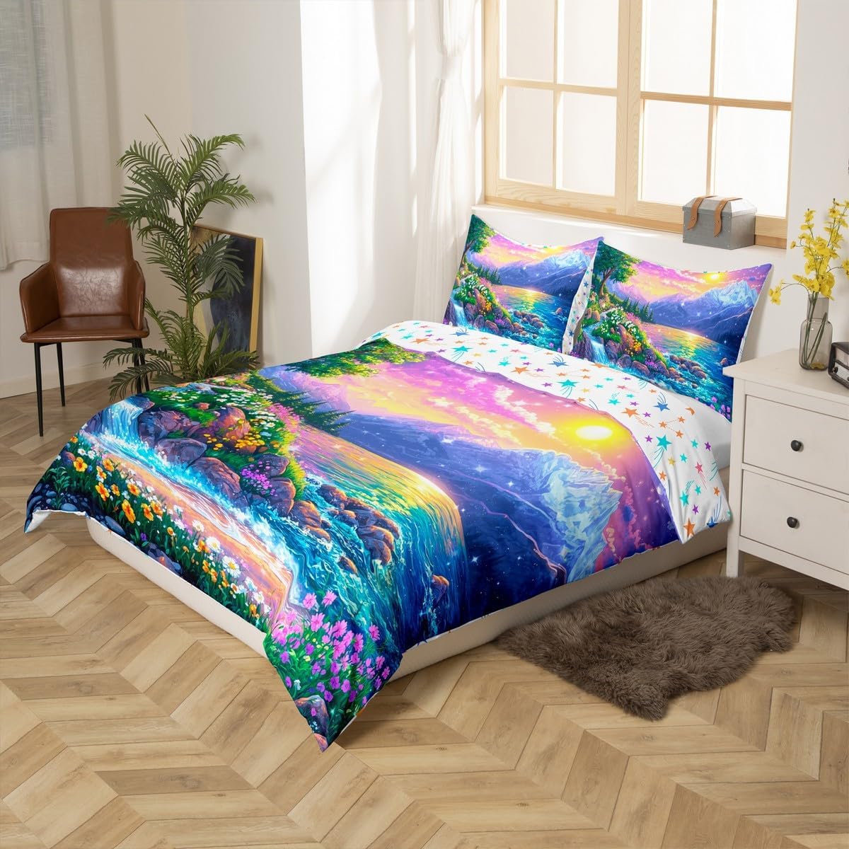 Seaside Hawaii Duvet Cover Full Size,Tropical Coconut Tree Watercolor Oil Painting Super Soft Bedding Set,Sea Ocean Beach Coastal Comforter Cover Bedding 3 Piece (No Comforter)
