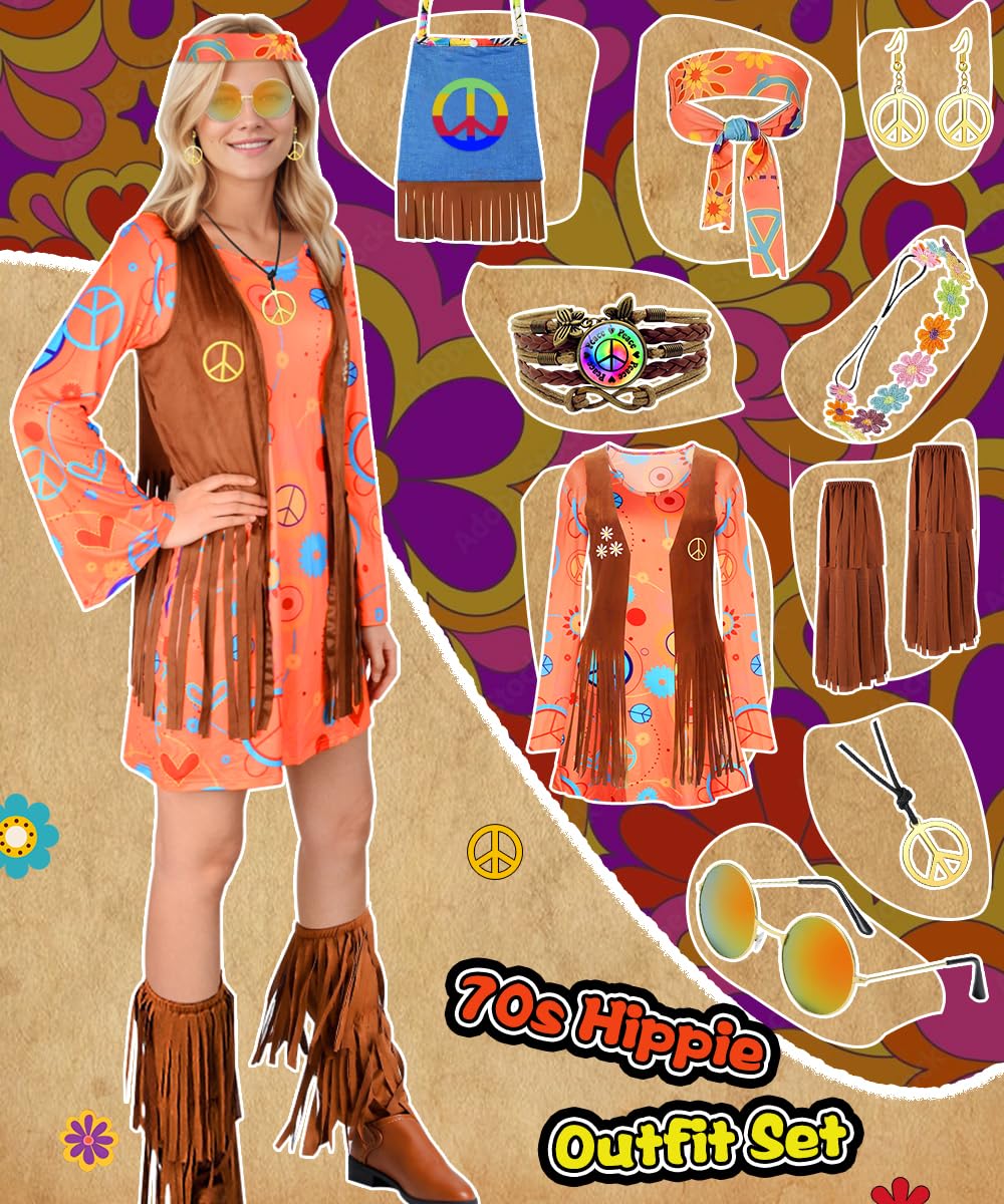 Disfraz Hippies Mujer, Conjunto de Disfraz Hippie Años 70 y Accesorios | Ropa Hippie y Chalecos con Flecos para Cosplay, Halloween, Carnaval y Fiestas de los Años 60 y 70