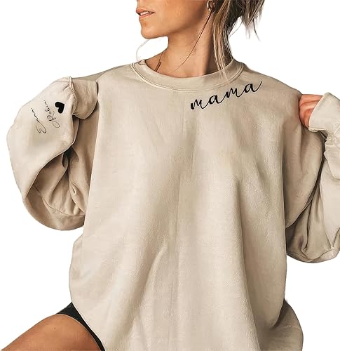 NAZENTI Custom Mama Embroidered Sweatshirt With Kids Names Sleeve-New Mom Gift Personalized, Mama Birthday