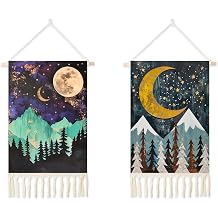 Umootek 2pcs Tapestry Vertical, Moon Star Mountain Decor Tapestry Wall Decor Cotton Linen Wall Hanging Art, Modern Home Decor for Bedroom, Living room, Sitting Room, Apartment13.8 * 19.7 in