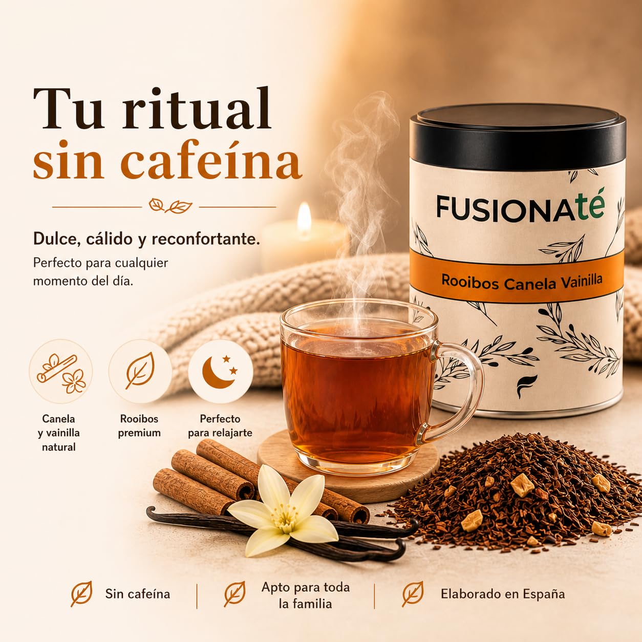 FUSIONATE Rooibos Canela y Vainilla 150g Infusión Sin Cafeína Premium