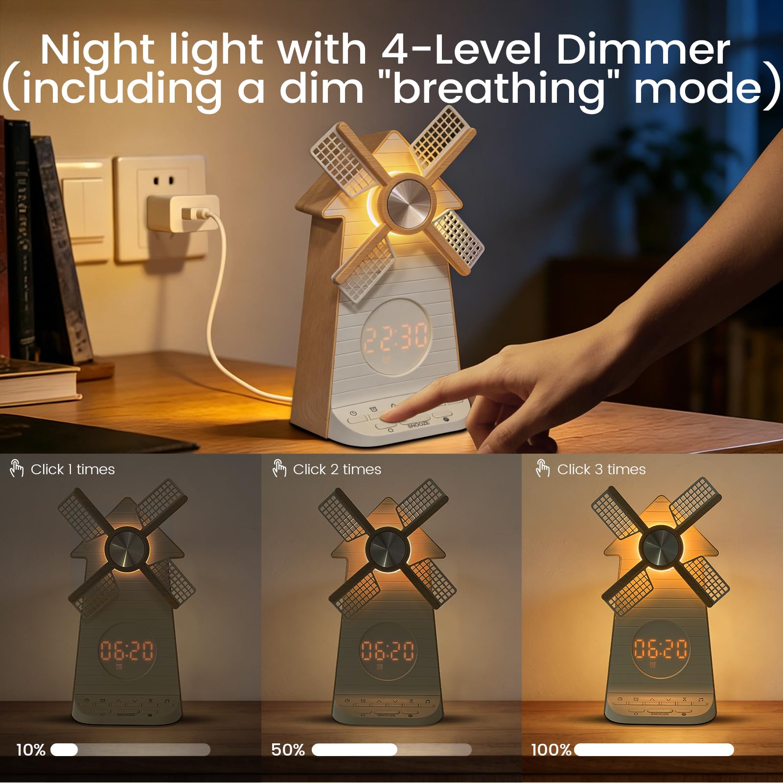 Sonnenaufgangswecker mit rotierender Windmühle, Snooze-Aufwachlicht, 10 Naturklänge & 10 Weißgeräusche, 4-stufig dimmbares Nachtlicht Timer 30/60/90 Min, Einschlafhilfe-Geschenk für Erwachsene/Kinder