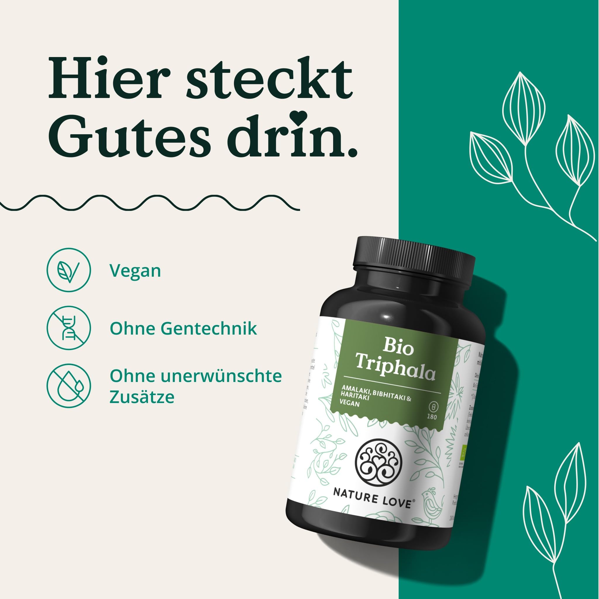 NATURE LOVE® Bio Triphala - Hochdosiert mit 500mg je Kapsel - 180 Kapseln - Hochwertiger Rohstoff aus Indien - Laborgeprüft und zertifiziert Bio, in Deutschland produziert