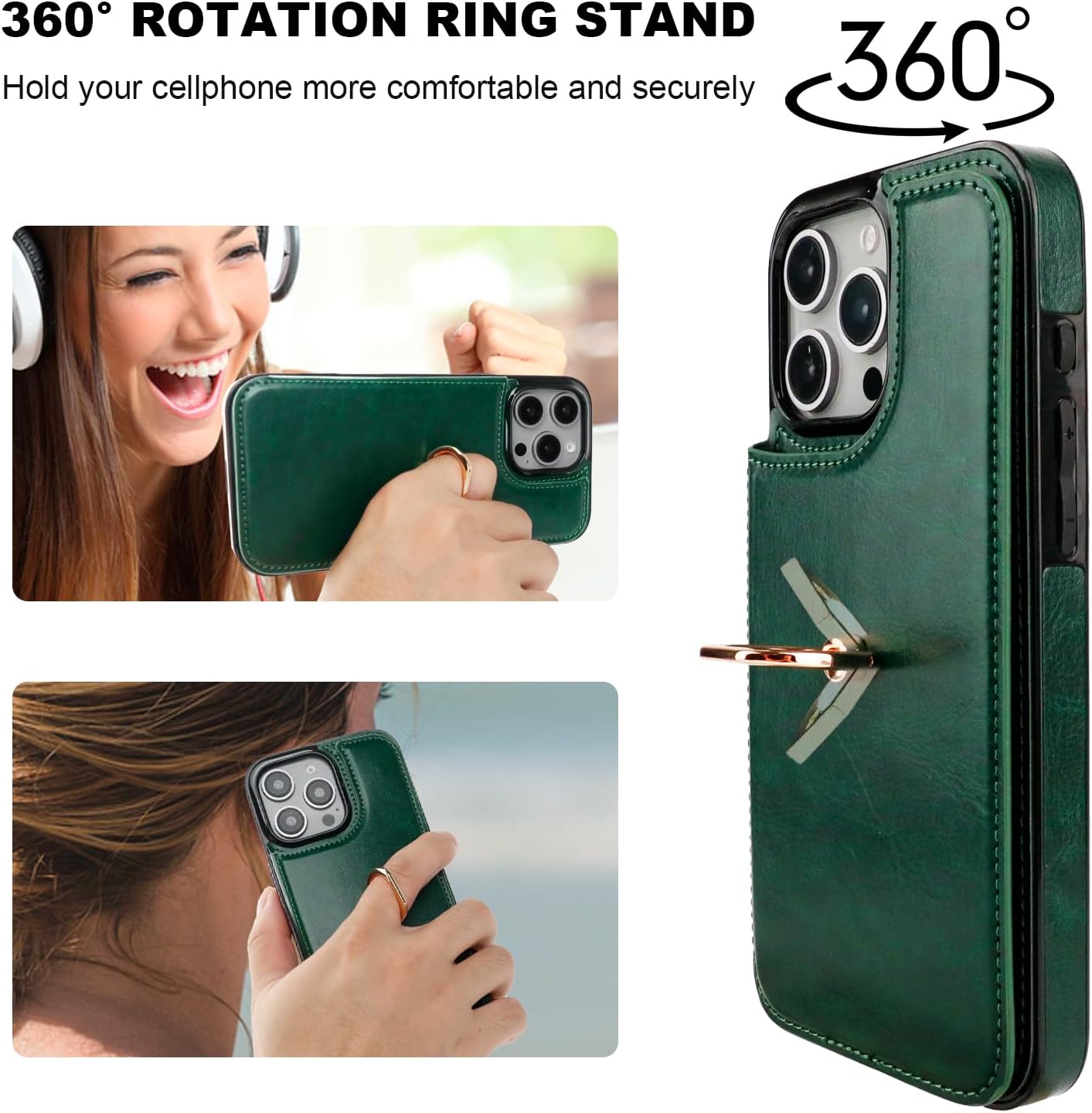 ONETOP for iPhone 16 Pro Max Wallet Case with Card Holder, 360° Rotation Ring Kickstand RFID Blocking PU Leather Double Magnetic Clasp Shockproof Cover for Women and Girls 6.9 Inch (Green) - Image 4