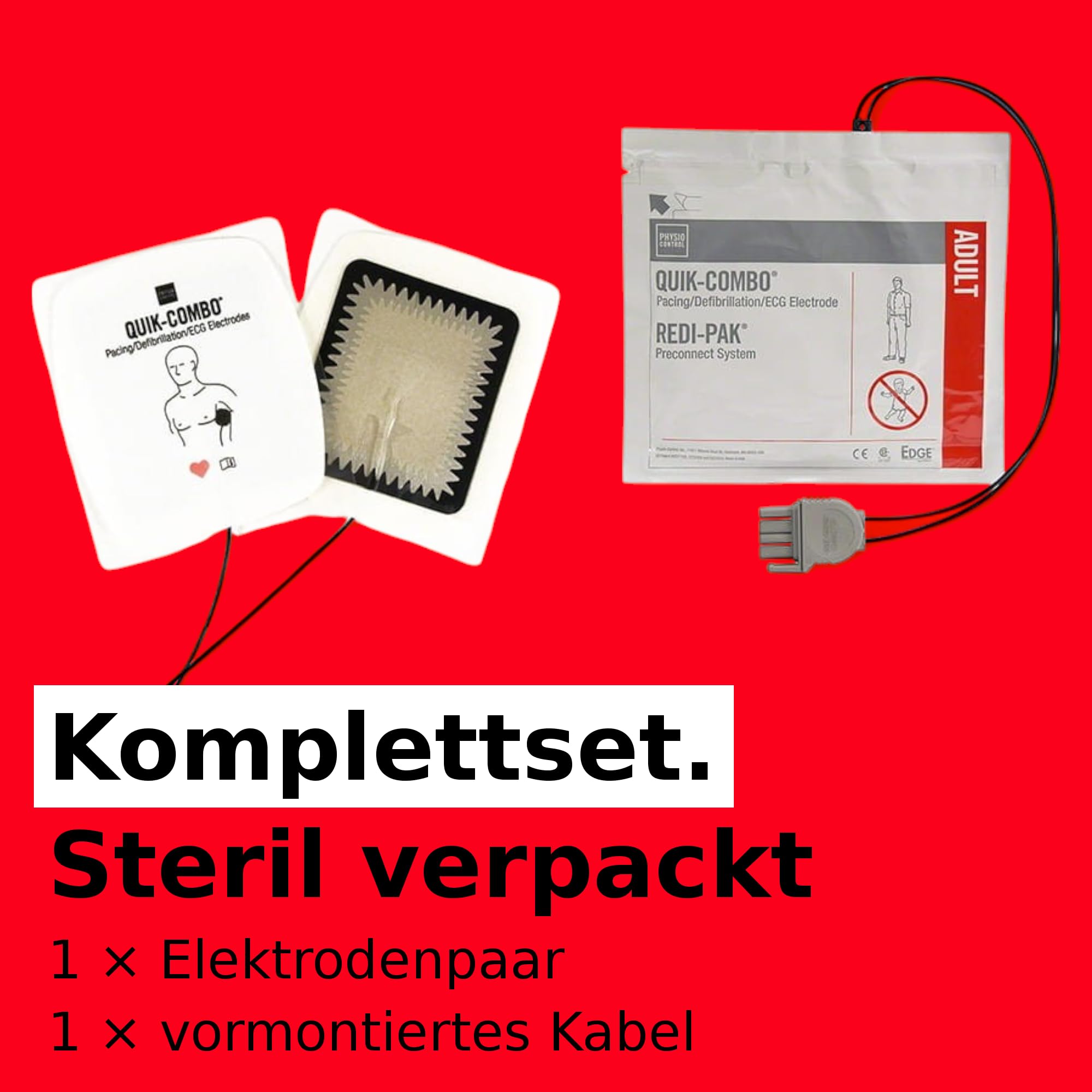 Physio Control QUIK-COMBO Elektroden für LIFEPAK AED Defibrillator LP1000, LP500, LP15, LP20 & LP10e, AED-Zubehör Erste-Hilfe Defi Defibrilator Gerät Ersatz Klebeelektrode Pads Kabel Rettung