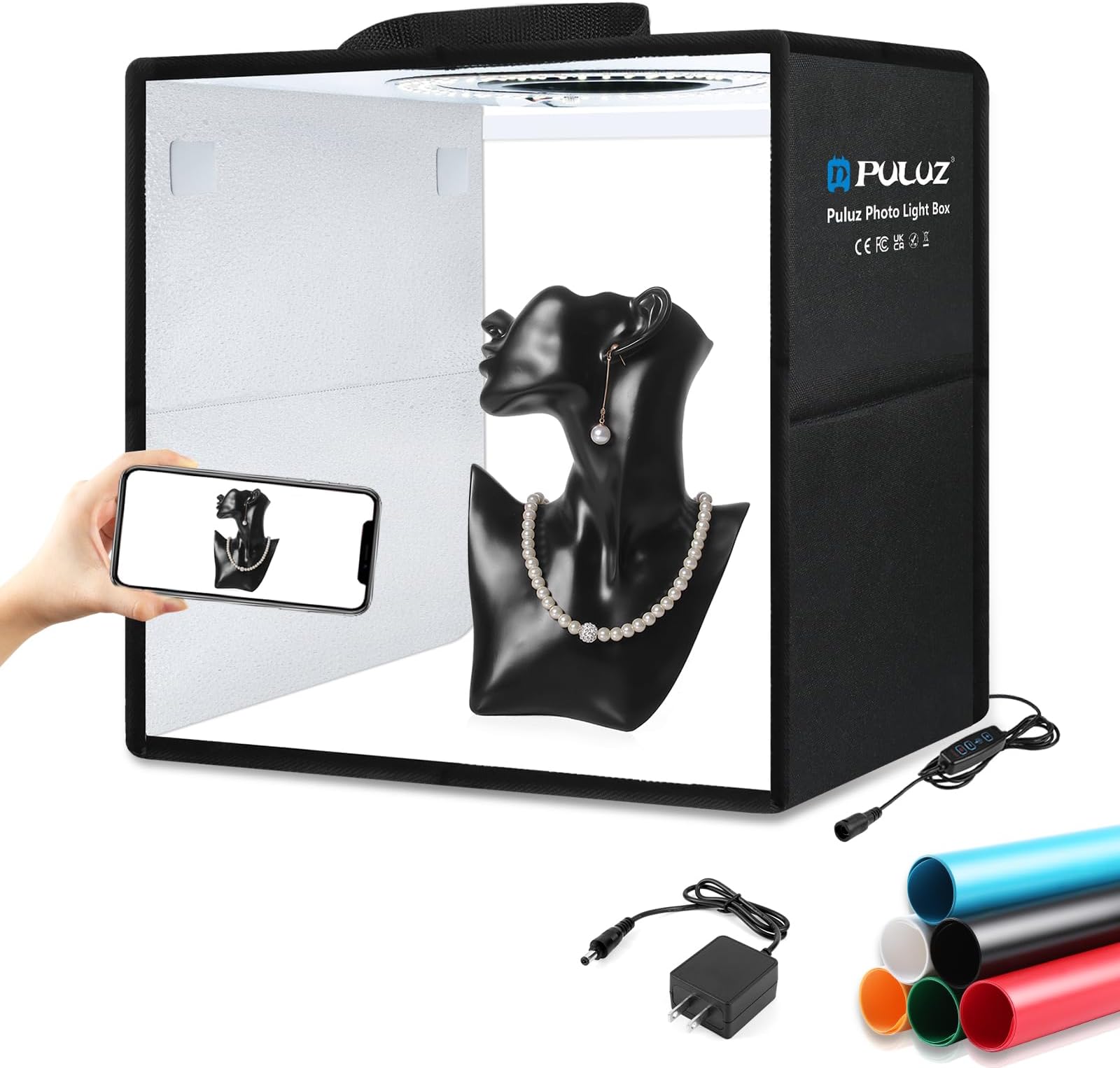 PULUZ Light Box Photography, 12"x12" Professional Dimmable Shooting Tent Kit with CRI >95 White Lighting 120 LEDs Lights + 6 Photo Backdrops for Product Display