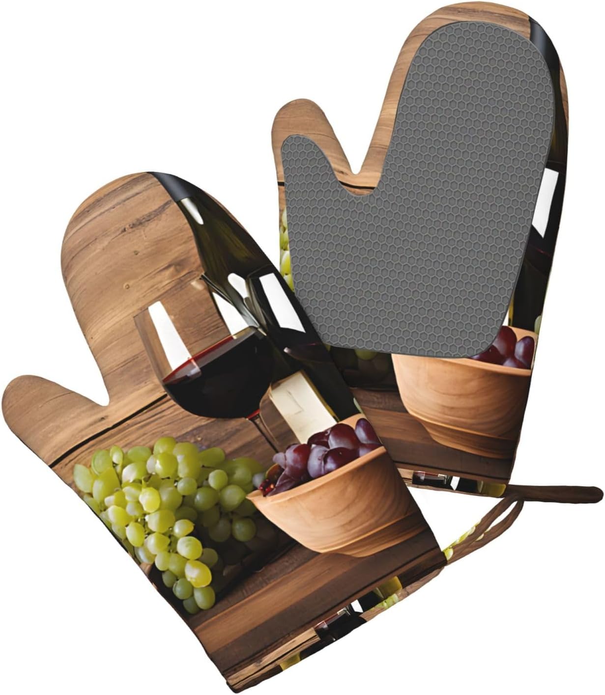 Wine Bottle Corks Grapes Oven Mitts and Pot Holders Set of 4 Heat Resistant Kitchen Gloves with Silicone Palm Hot Pads for Baking Cooking Grilling BBQ