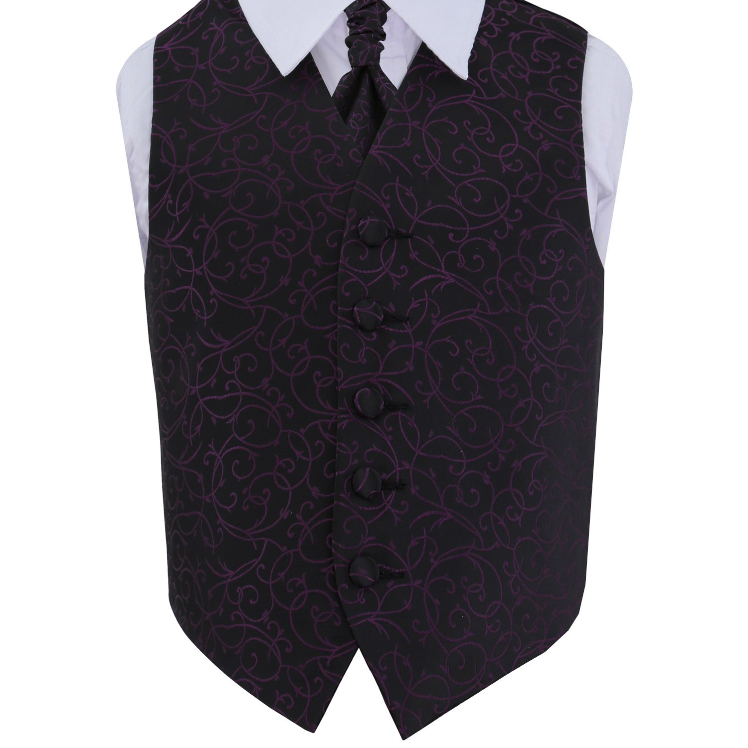 Dqt Boys Black And Purple Swirl Waistcoat & Cravat Set (2Pc) - Wedding Party & Formal - 13-14 Years 34"