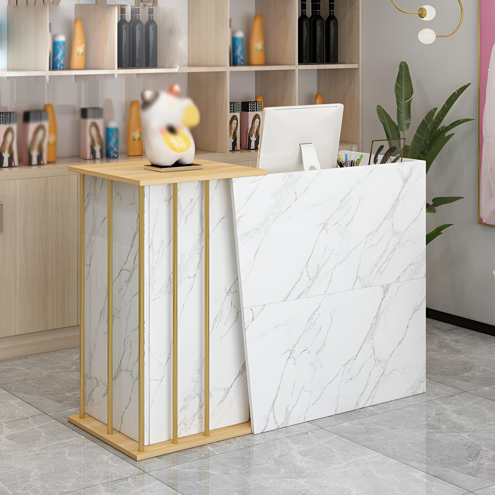Modern Reception Desk with Counter & Lockable Drawers -Modern Retail Checkout Desk, Wood Front Desk Reception for Office, Salon, Retail, Lobby, Hotel, Home(Marble Style,100x90x40cm)