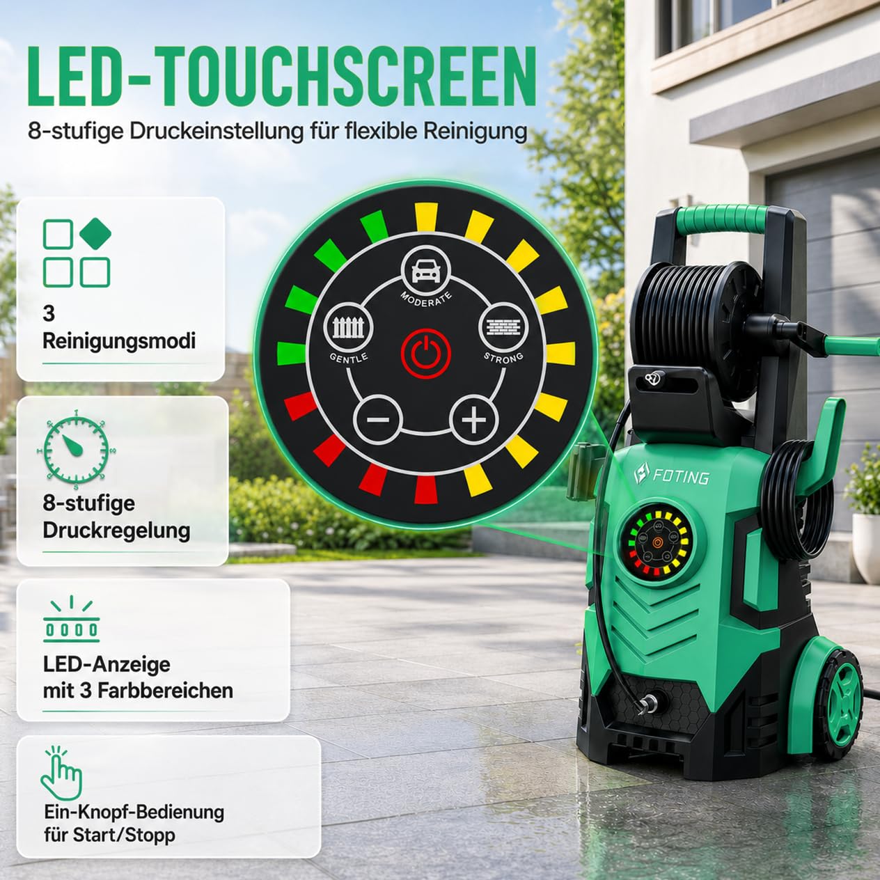 Hochdruckreiniger 200 Bar, Touchscreen 8-stufiger, 6-in-1-Düse, Druck: 100-200bar, Fördermenge: 280-500l/h, Flächenleistung: 60m²/h, mit 500ml Schaumkanone und Schlauchtrommel, Wassersparend