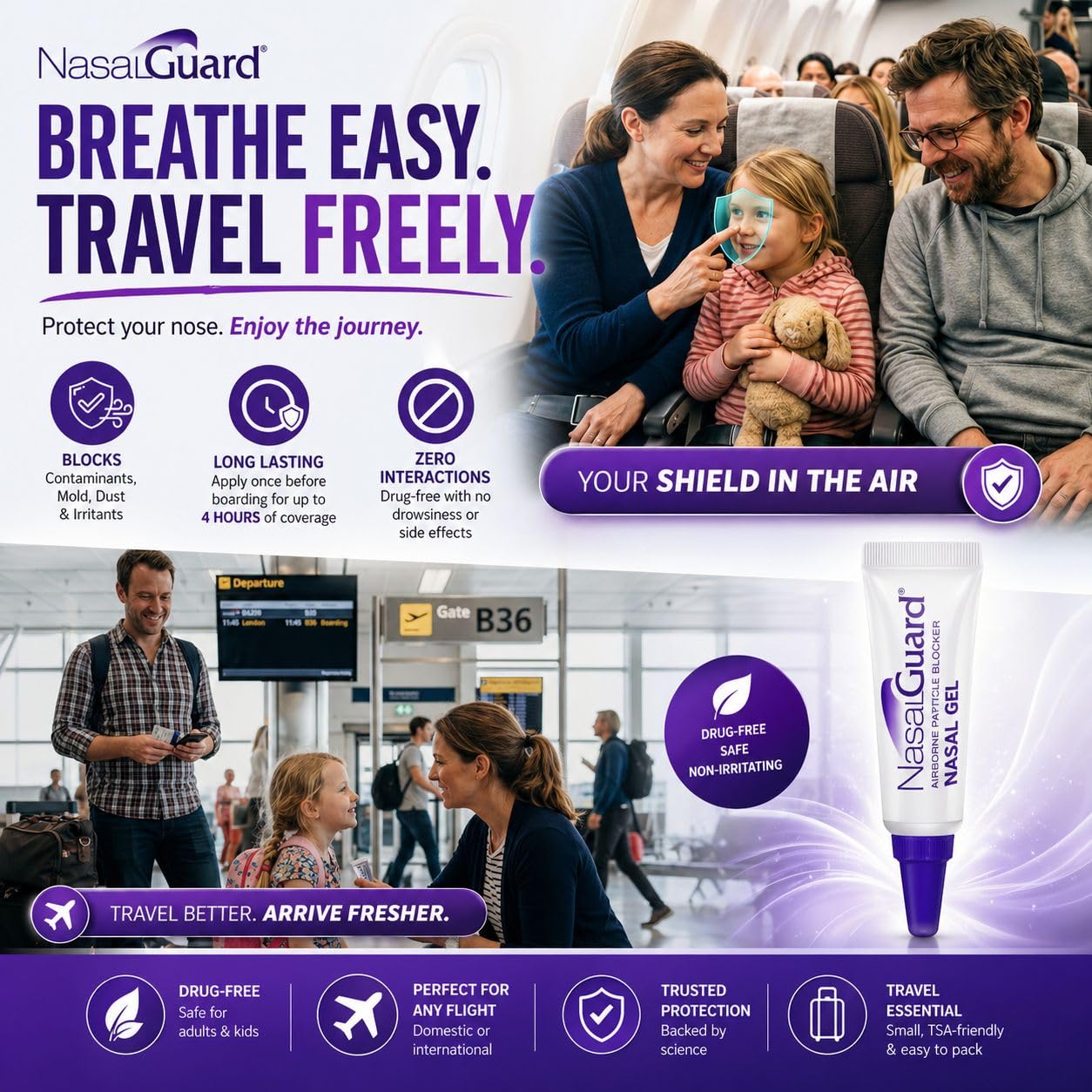 Para viajeros aéreos, bloquea alérgenos en interiores y exteriores en espacios reducidos, aviones, aeropuertos, trenes, autobuses y hospitales, sin perfume