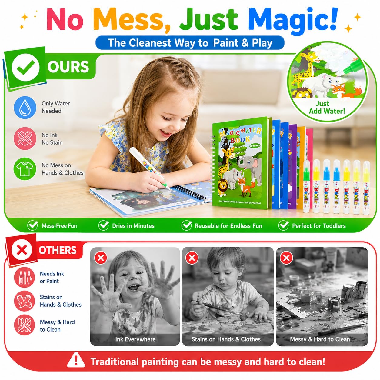 Tangdudu 6-częściowy zestaw magicznych kolorowanek wodnych, wielokrotnego użytku, dla dzieci z 6 pisakami wodnymi, czysta zabawka edukacyjna, zabawka podróżna, książka aktywności dla chłopców i