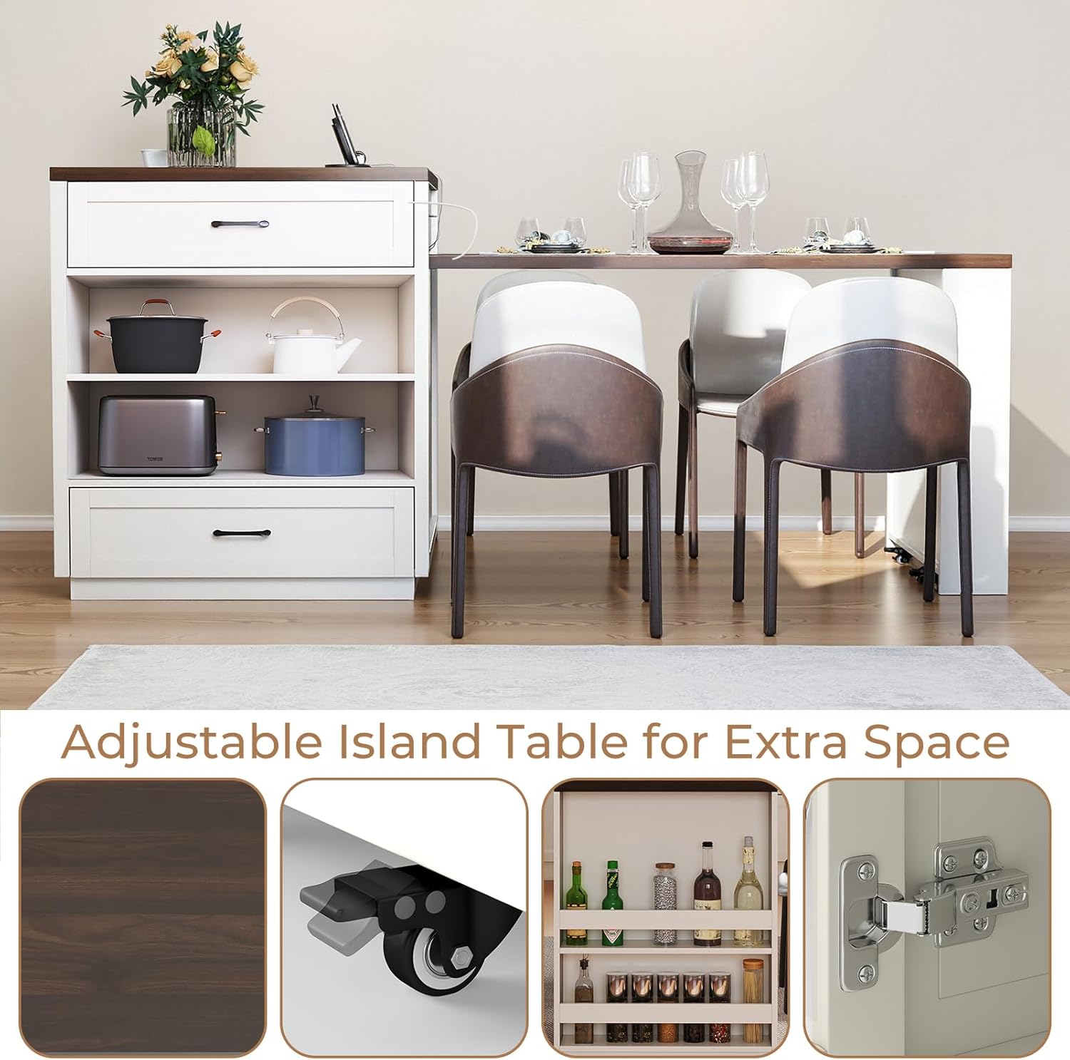 Skepphlay 83.1” Kitchen Island with Extendable Dining Table for 4, Mobile Rolling Island Table for Kitchen with Storage, 2 Drawers, Power Outlet & Storage Racks, Cream White