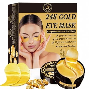 24k Gold Under Eye Patches, 60 Pcs Hydrogel Eye Mask Skincare with Collagen and Hyaluronic Acid for Puffiness, Dark Circles and Fine Lines, Cooling Under Eye Mask for Women and Men