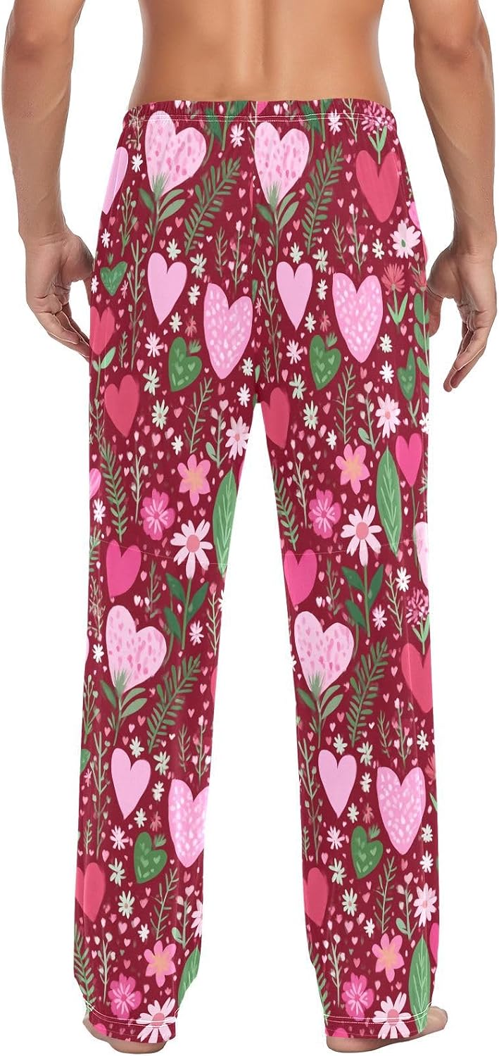 Hearts Men Cotton Pajama Pants Flowers Leaves Valentines Day mens Lounge Sleep PJ Bottoms with Pockets S