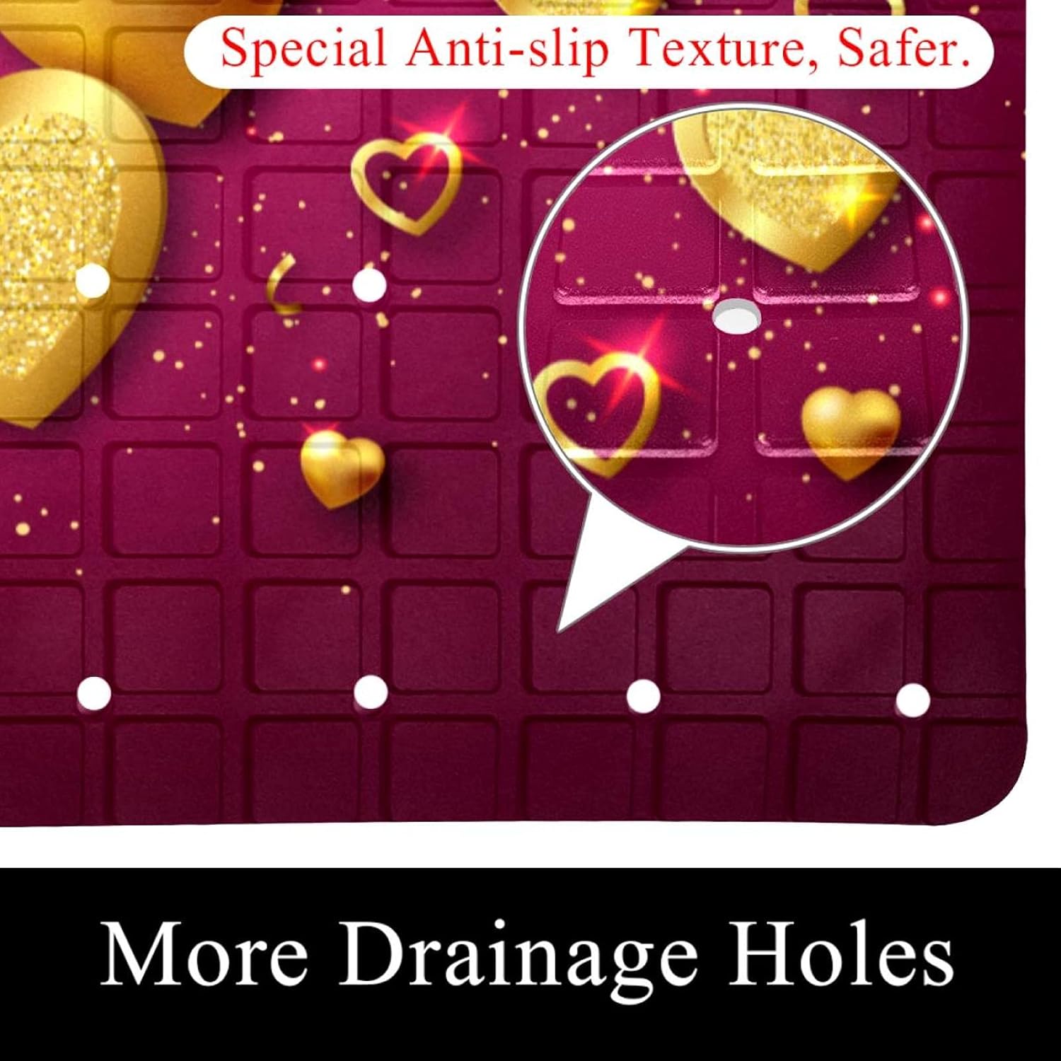 Non Slip Bath Shower Tub Mats with Suction Cups Drain Holes 15.7x27.9 Inch More Safety for Kids & Elderly Gold Heart Love Valentines Day: Kitchen & Dining