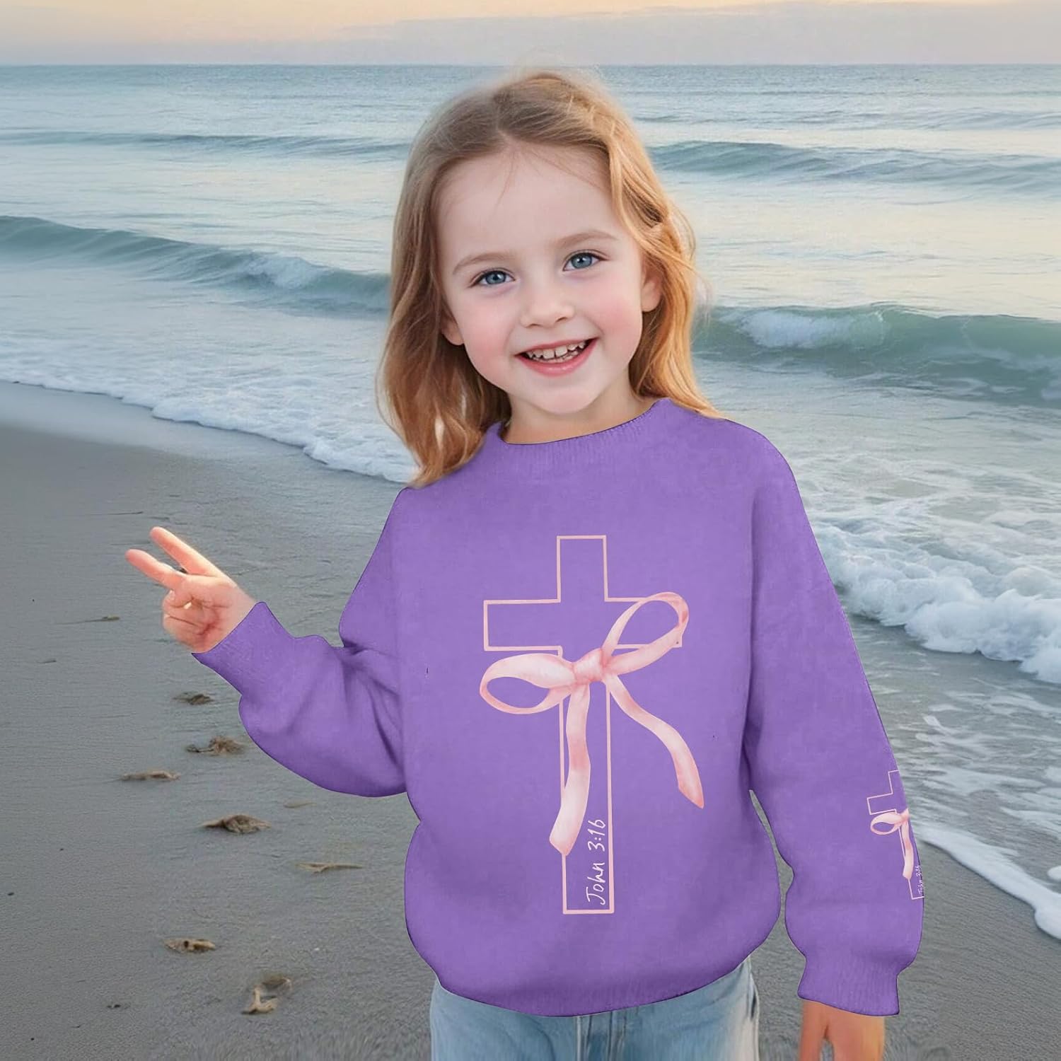 Girls Christian Sweatshirt Kids Cute Pink Bow Sweatshirts Teens Aesthetic Cross Graphic Long Sleeve Shirt Pullover Top