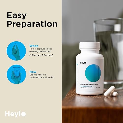 Vista 6 de Heylo - Complejo de citrato de magnesio de 500 mg, fórmula de alta absorción para relajación muscular, apoyo energético, salud ósea y cardíaca