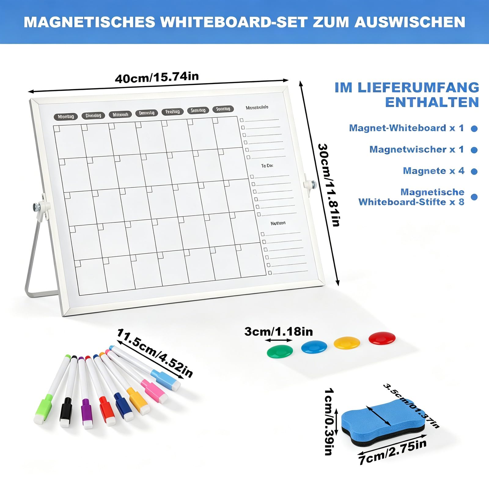GAESHOW Magnetyczna tablica suchościeralna z aluminiowym stojakiem 40 x 30 cm, dwustronna tablica wymazywalna, tablica kalendarzowa z 8 markerami, gumka i 4 magnesy, do domu, biura, szkoły