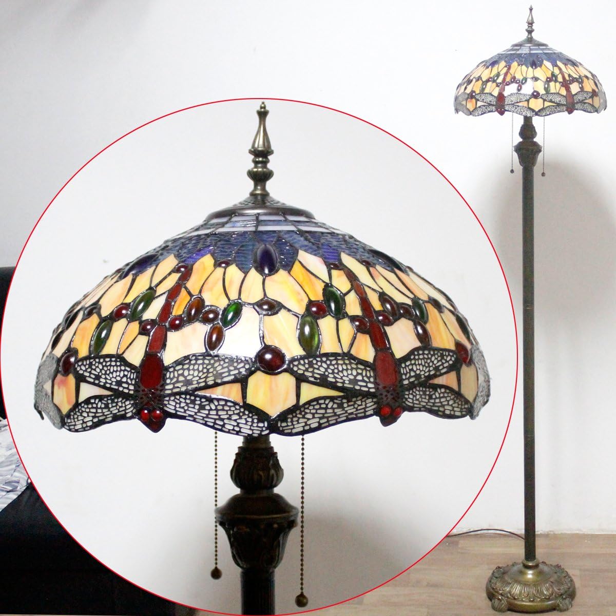 Best Deal 🛒 Tiffany Style Floor Standing Lamp W16H64 Inch Tall (2 LED Bulb Included) Orange Blue Stained Glass Crystal Bead Dragonfly Lampshade Antique Reading Lighting Base S168 WERFACTORY Lamps Bedroom Gifts