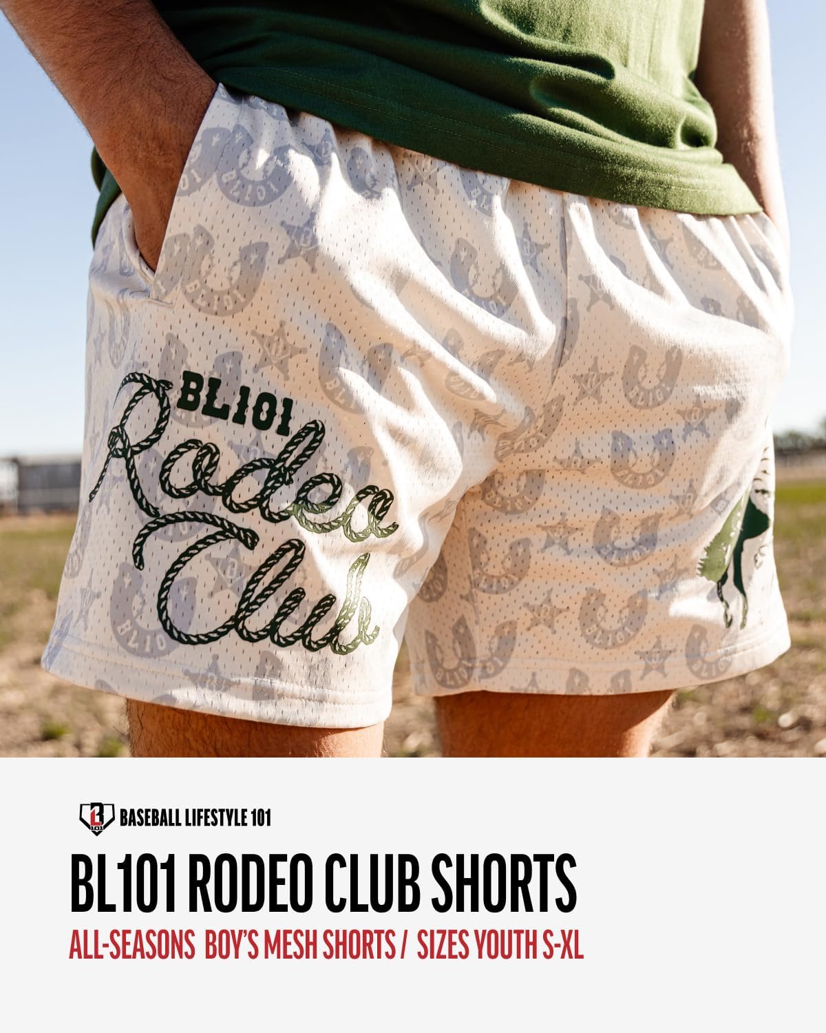 Baseball Lifestyle 101 Boy's Rodeo Club Mesh Shorts with Side Pockets and Elastic Waist, 5 in Inseam S-XL Sizes
