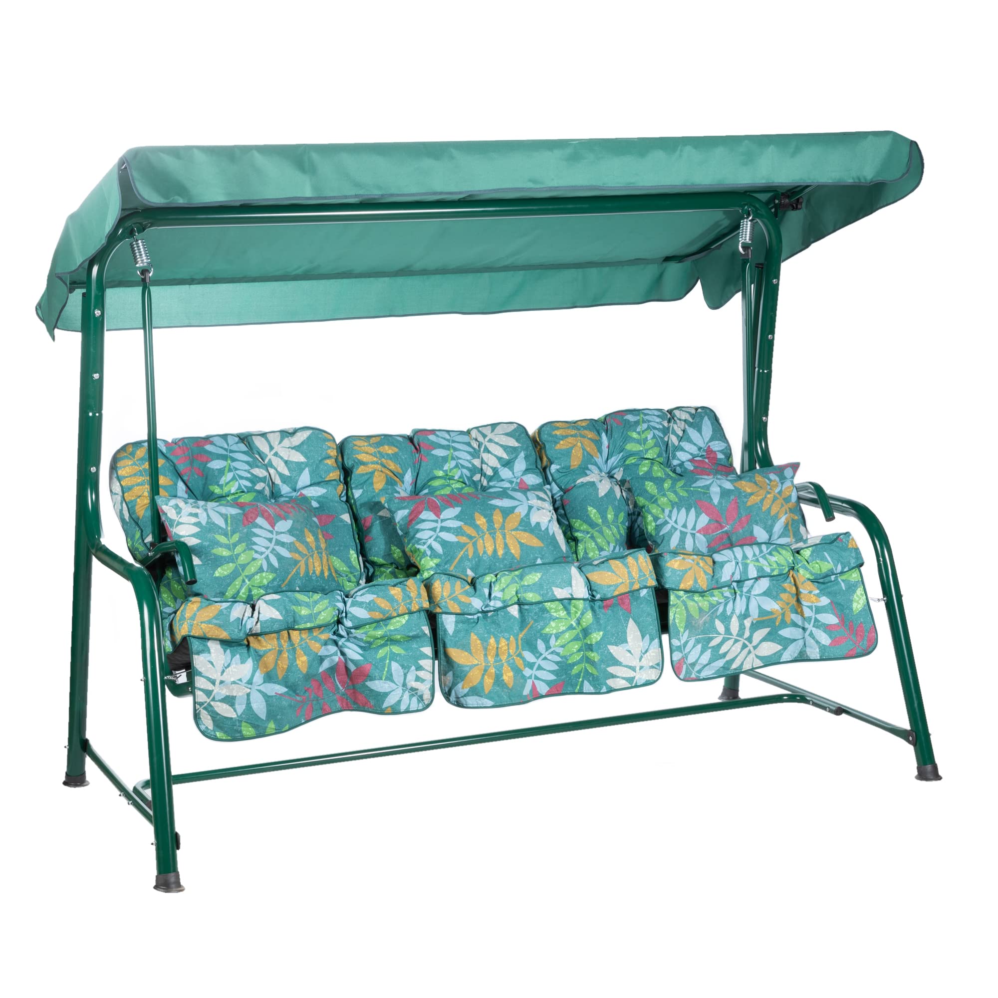 Alfresia Alexandra Leaf Green Turin 3 Seater Reclining Garden Swing Seat With Adjustable Canopy And Classic Cushions, Heavy Duty Outdoor Patio Swing Seat Supporting Up To 250 Kg