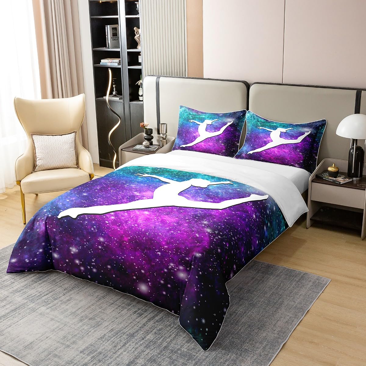 Loussiesd Gymnastik Bettbezug Set Glitter Bettwäsche Set 135x200cm 100% Baumwollecm für Kinder Mädchen Weltraum Galaxie Dekor Betten Set Bettdeckenbezug Blau und Lila Galaxie Schlafzimmer Bettwäsche