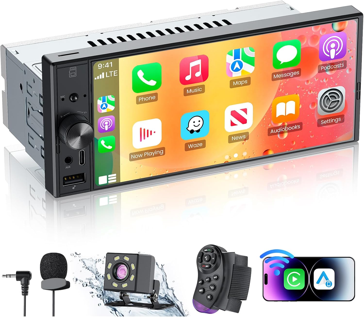 6.9“Single Din Radio Car Stereo with Apple CarPlay & Android Auto, Car Radio UHD in-Cell Touchscreen, 1080P Backup Camera, Mirror Link, Bluetooth 5.3, GPS, AM&FM, USB & Type-C Fast Charging, EQ, SWC