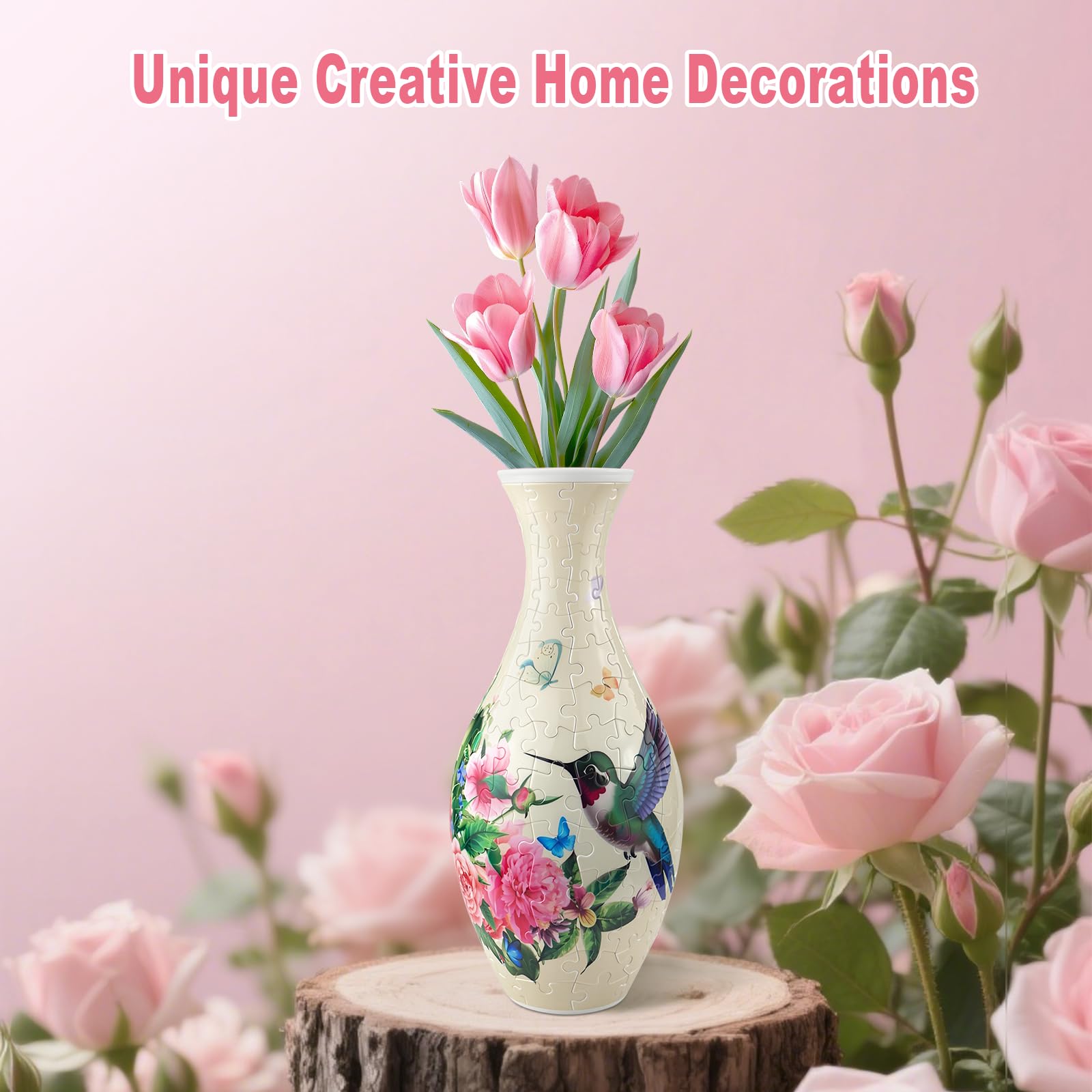 Vase puzzle 3D pour adultes, 160 pièces en plastique à faire soi-même, motif fleurs et colibri