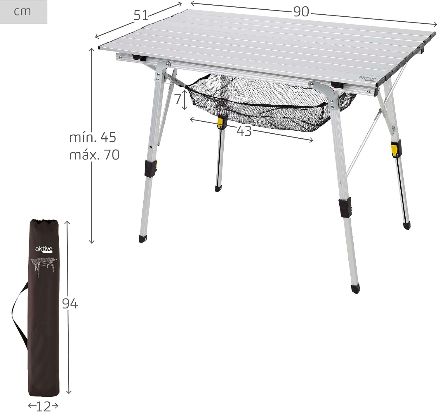 AKTIVE Folding Table, 90 x 51 x 45/70 cm, Telescopic Legs, Non-Slip Stops, Aluminium Table and Frame, Supports 30 kg, Removable Mesh, Camping, Beach, Picnic (63052)