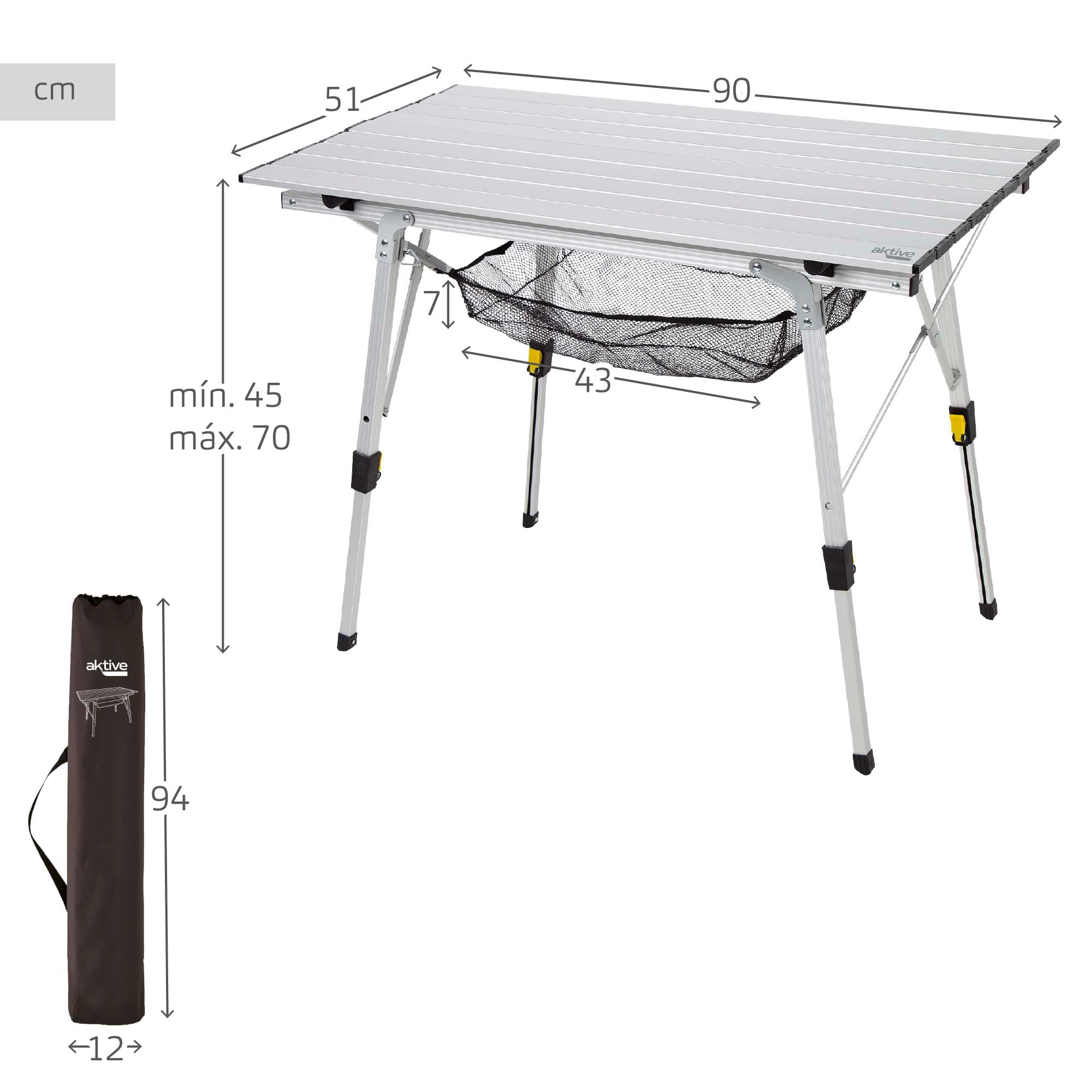 AKTIVE Tavolo pieghevole, 90x51x45/70 cm, gambe telescopiche, fermi antiscivolo, piano e telaio in alluminio, supporto 30 kg, rete rimovibile, tavoli pieghevoli, campeggio, spiaggia, picnic (63052)