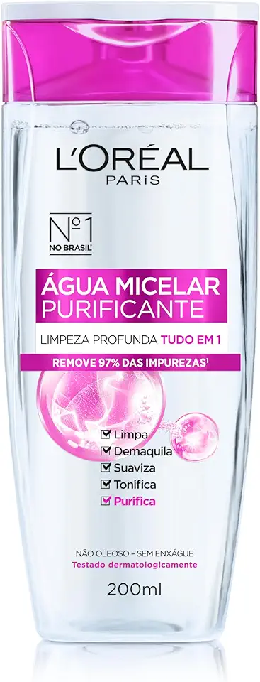 L'Oréal Paris, Água Micelar Solução de Limpeza 5 em 1 Limpa, Demaquila, Purifica, Suaviza e Reequilibra, Cuidado Diário Multifuncional para Todos os Tipos de Peles 200ml