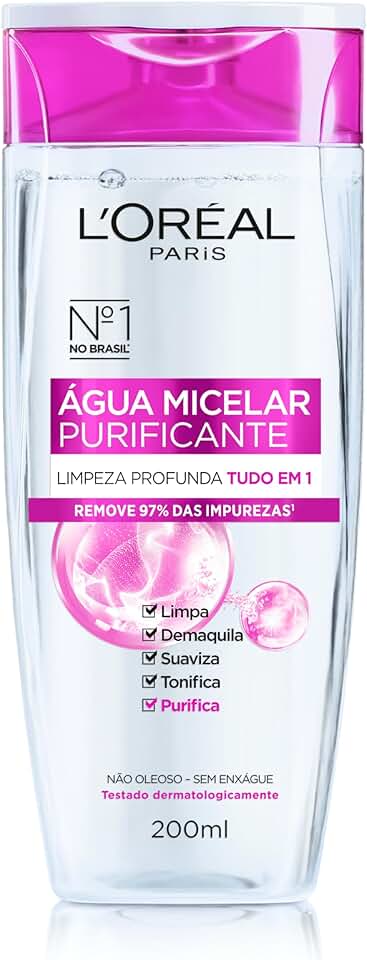 L'Oréal Paris, Água Micelar Solução de Limpeza 5 em 1 Limpa, Demaquila, Purifica, Suaviza e Reequilibra, Cuidado Diário Multifuncional para Todos os Tipos de Peles 200ml