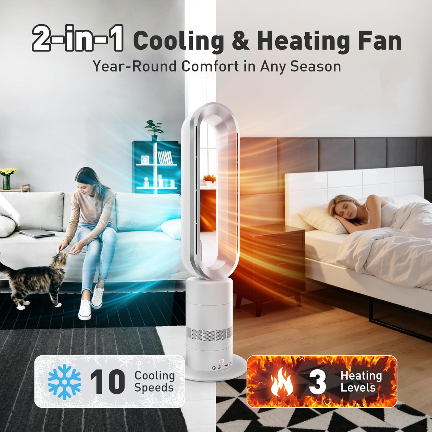 Xcity TP18Pro Bladeless Tower Fan, 2-in-1 Heater & Cooling Fan, Remote & Touch Control, 10 Cooling + 3 Heating Levels, Ultra-Quiet DC Motor for Bedroom & Home Office
