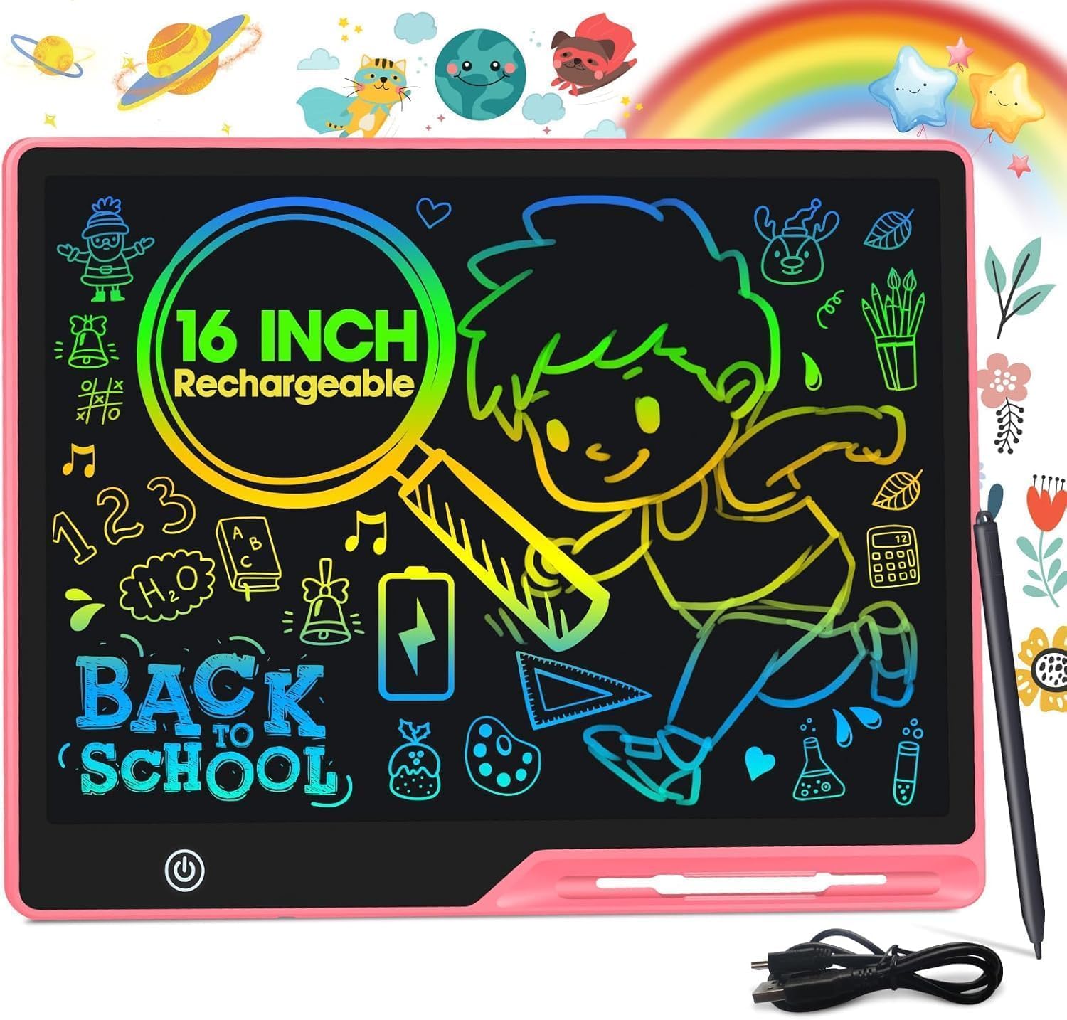 LCD Writing Tablet for Kids, Rechargeable Kids Drawing Pad 16 Inch Colorfuls Doodle Board, Kid Drawing Tablet Toys for Ages3 4 5 6 7 8 Christmas Gifts for Girls Boys Adults in Light Pink