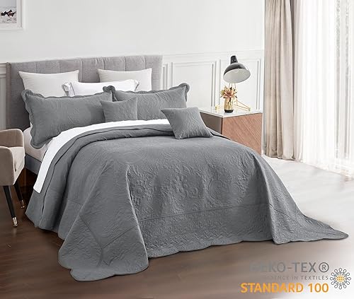 Miniatura 4 de Colcha extragrande tamaño King, funda de cama ligera ultrasónica, patrón de cachemira, reversible, 5 piezas, 100% microfibra, KingCal King, gris