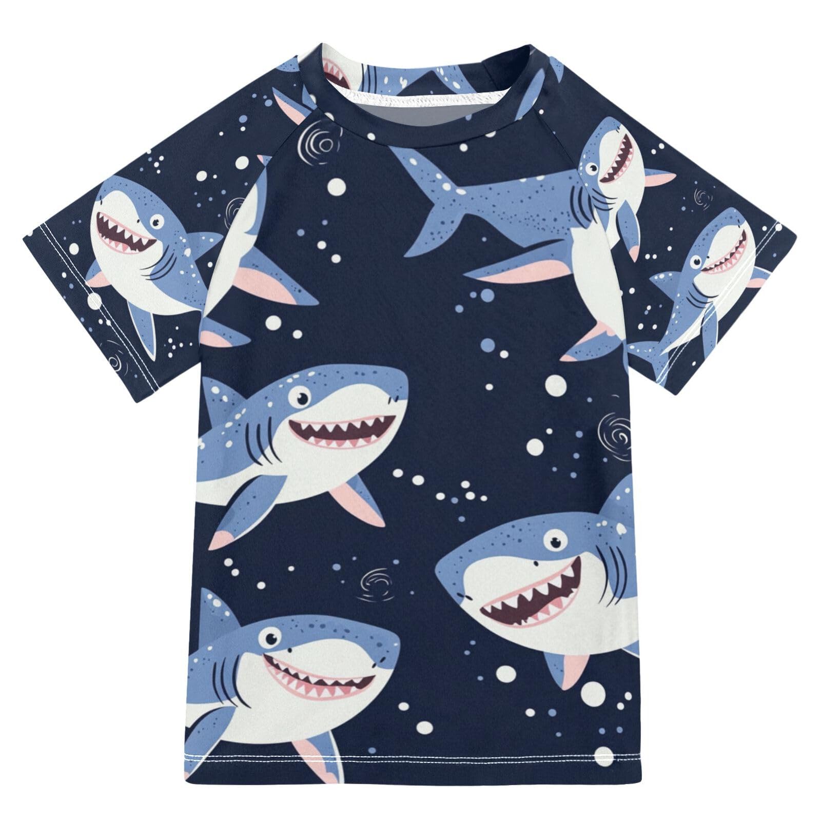 Jucciaco Boys Swing Shirts Shark Cartoon Fish Ocean Rashguard Short Sleeve Kids T-Shirts Sun UPF 50+