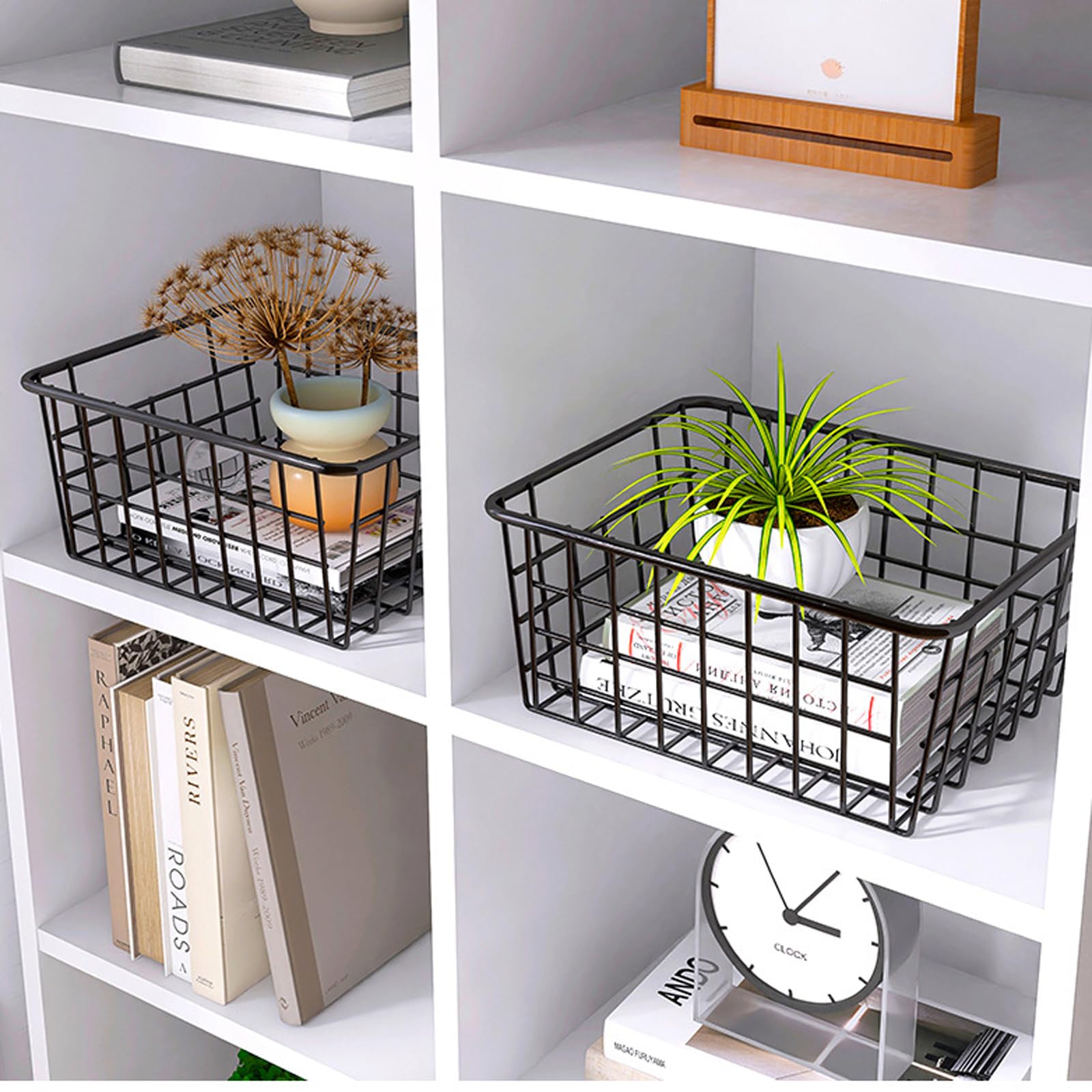 Hniuyun Paquete de 6 cestas de alambre negro, organizador de encimera para armarios de cocina, cestas de almacenamiento de metal para garaje, nevera, dormitorio, baño, lavandería, 28 x 22 x 12 cm