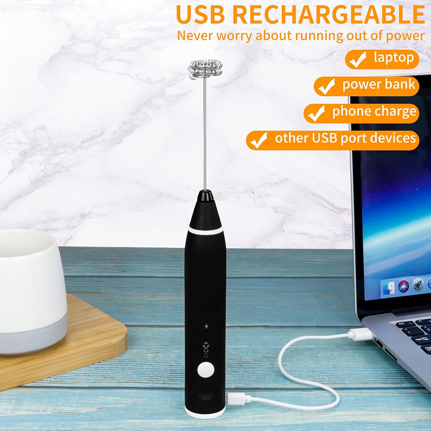 BBkeeplax frother connected to a laptop via USB cable for charging, with text indicating compatibility with various USB power sources.