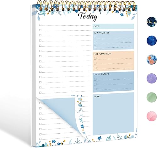 Bloc de notas de lista de tareas  Bloc de notas diario de 104 páginas, planificador de tareas, 6.7 x 9.8 pulgadas, cuaderno espiral de doble cara