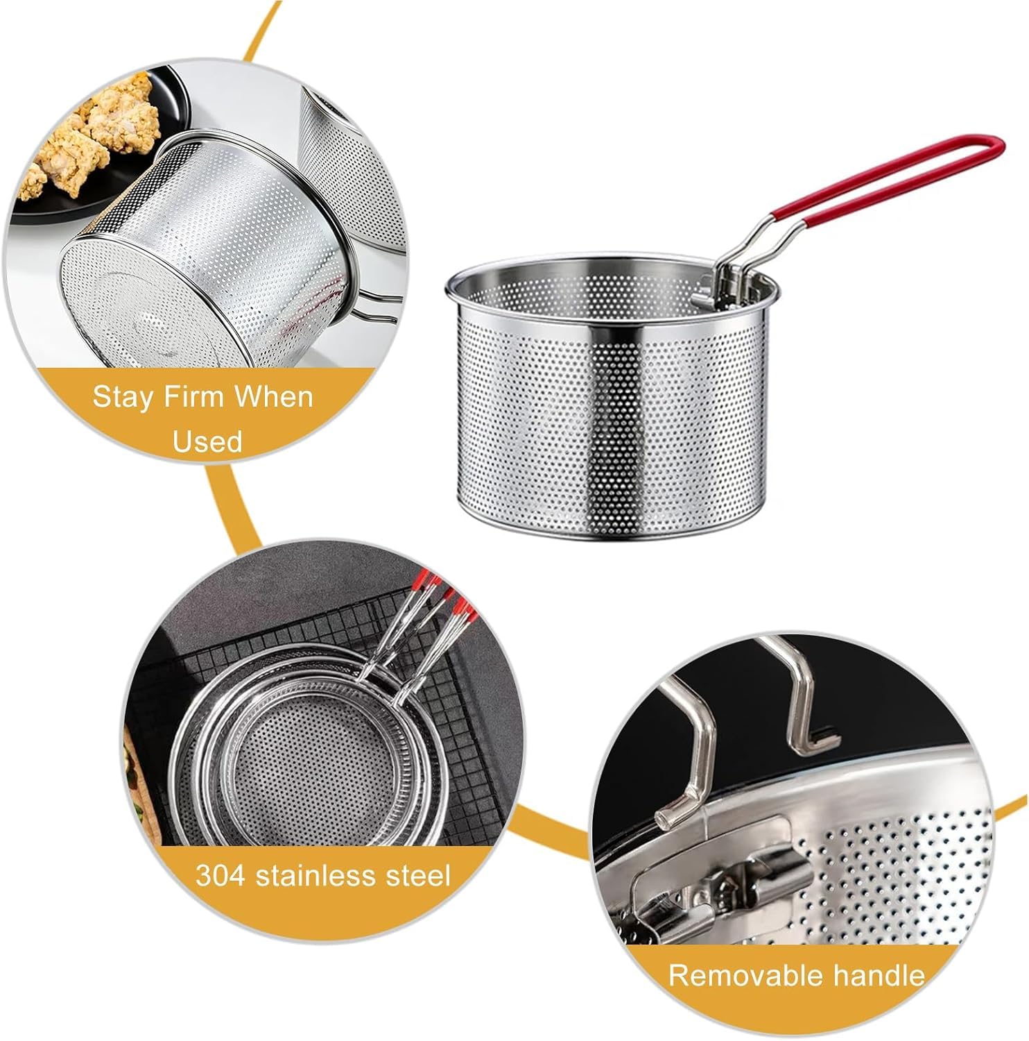 Cesta para Freír de Acero Inoxidable 20 cm,Cesta para freír para patatas fritas,Cestillo para Freír con Mango Plegable y Enganches para la Sartén,Cesta Freidora Redonda,Escurridor