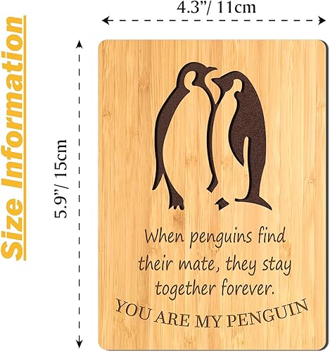 Miniatura 2 de EXQUIDECA Tarjetas de felicitación de bambú hechas a mano con pingüino amor para esposa, marido, novia, ella, aniversario, cumpleaños, boda, uso