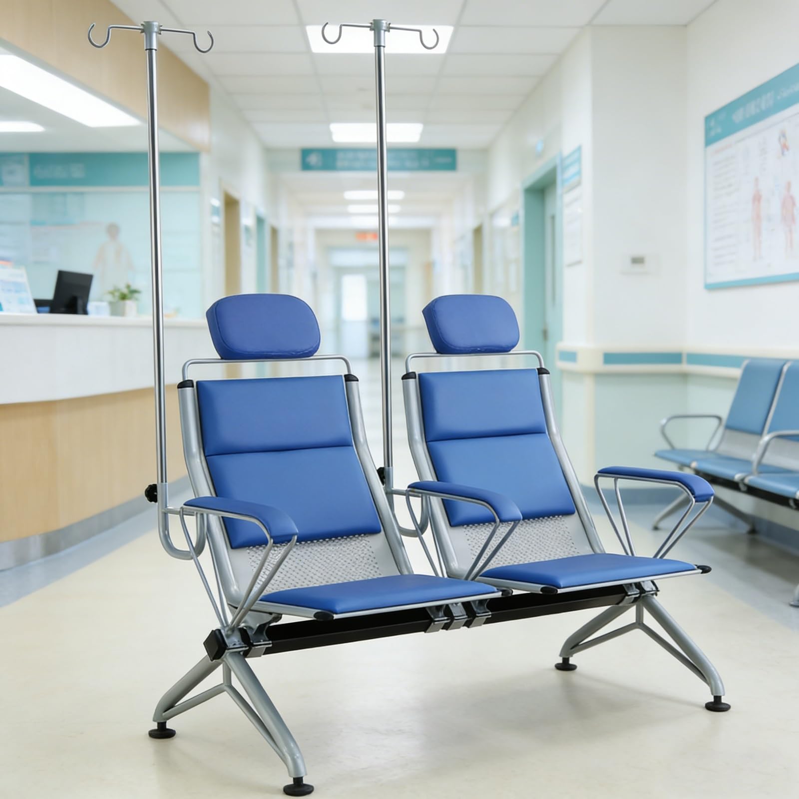 2-osobowy fotel szpitalny do flebotomii, fotel medyczny z odłączanym stojakiem IV i podwyższonym zagłówkiem do laboratoriów, kliniki, domu opieki