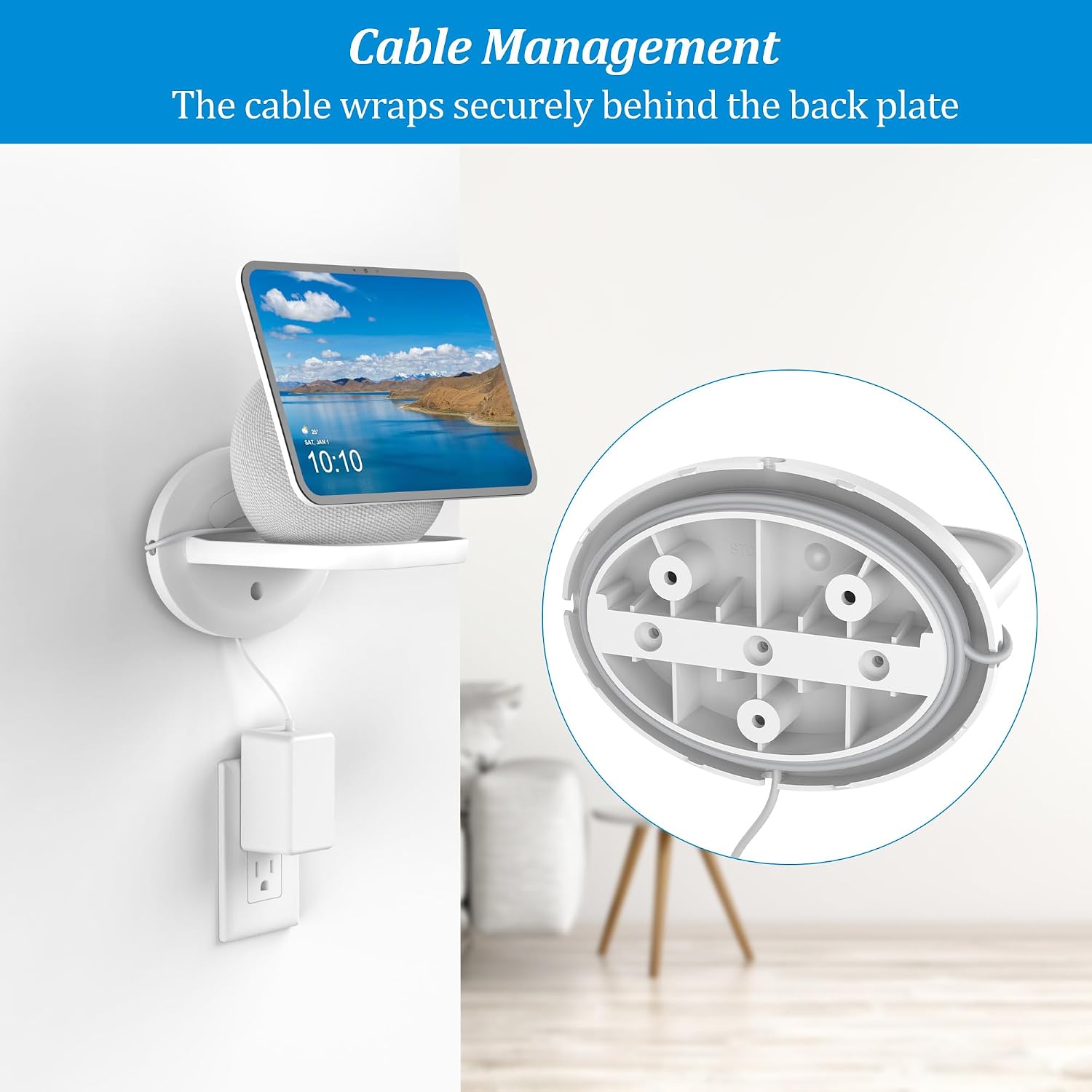 PlusAcc Wall Mount for Show 8 (2025 Release) & Show 11 & Nest WiFi - Space Saving Wall Holder Shelf Hanger for Speakers Less Than 15 lbs, Built-in Cable Management (White)