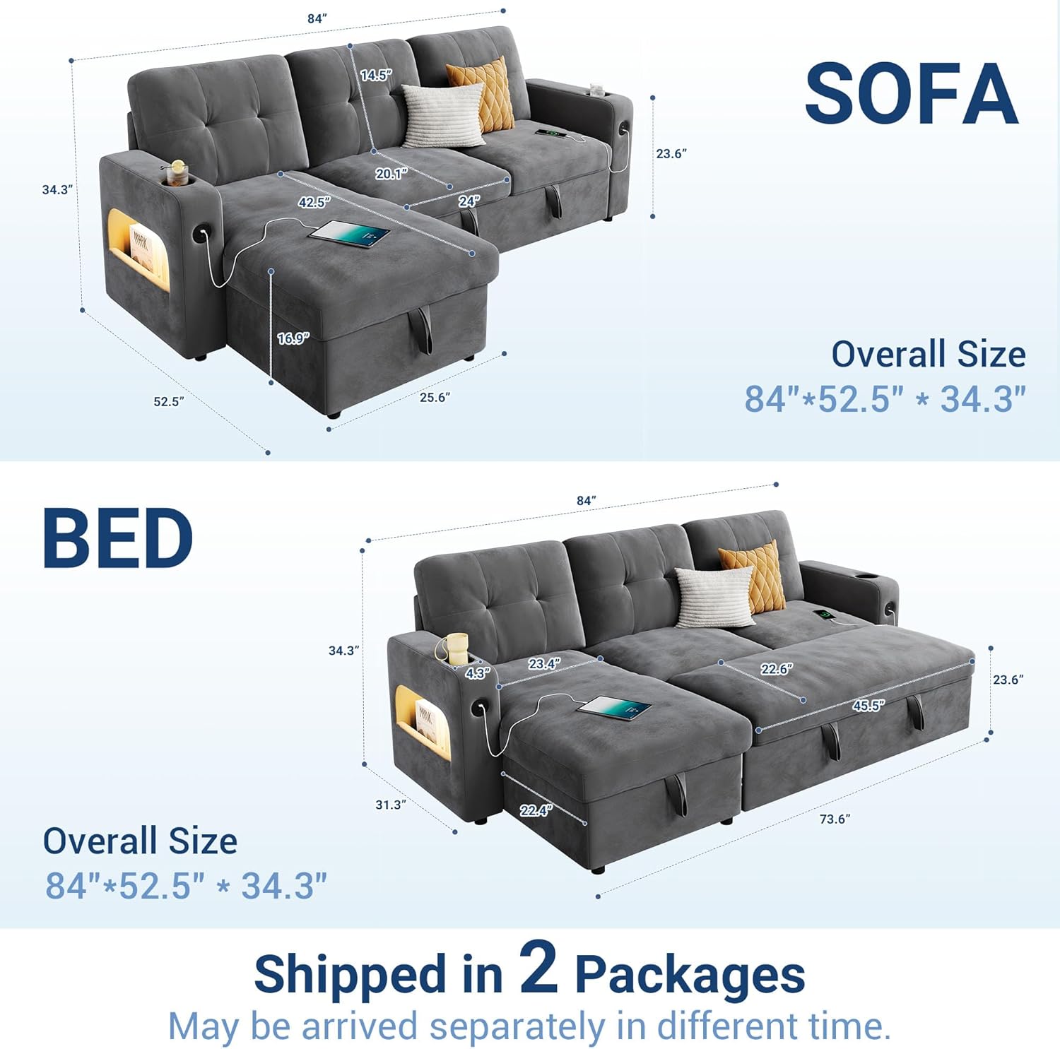 GarveeHome 84 Inch Sleeper Sofa Couch, L-Shaped Sofa, Convertible Pull Out Sofa Bed with Storage, Charging Station, Led Lights, Modern Sectional Sofa for Living Room, Apartment, Velvet, Dark Grey